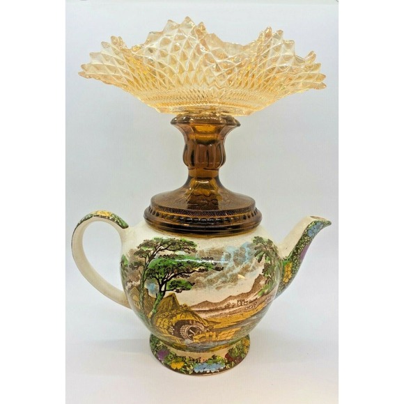 Antique Sadler "The Old Mill" Teapot Federal Glass Candy Dish Made in England - Picture 2 of 11